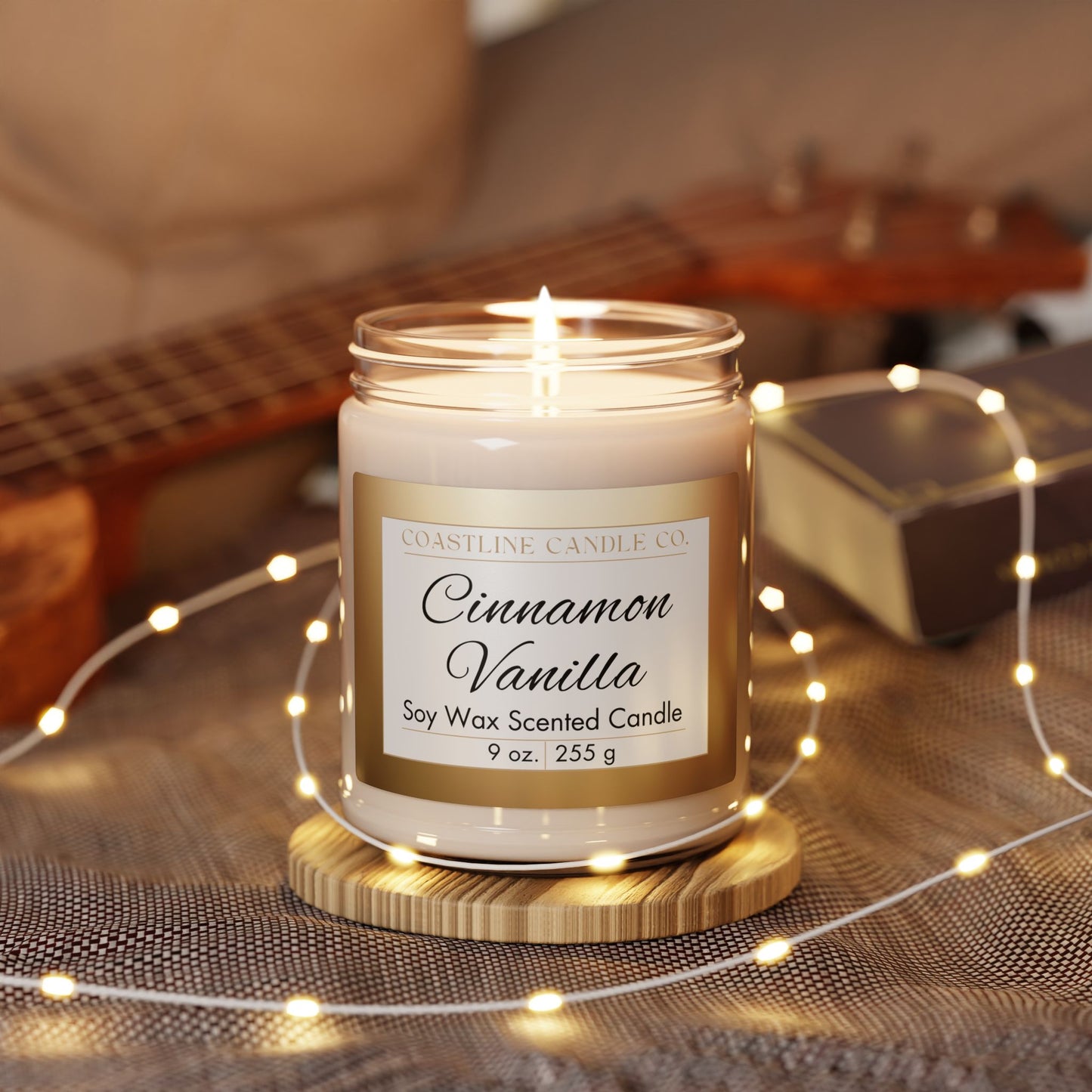 Cinnamon Vanilla Scented Soy Wax Candle, 9oz Clear Jar with Black Lid