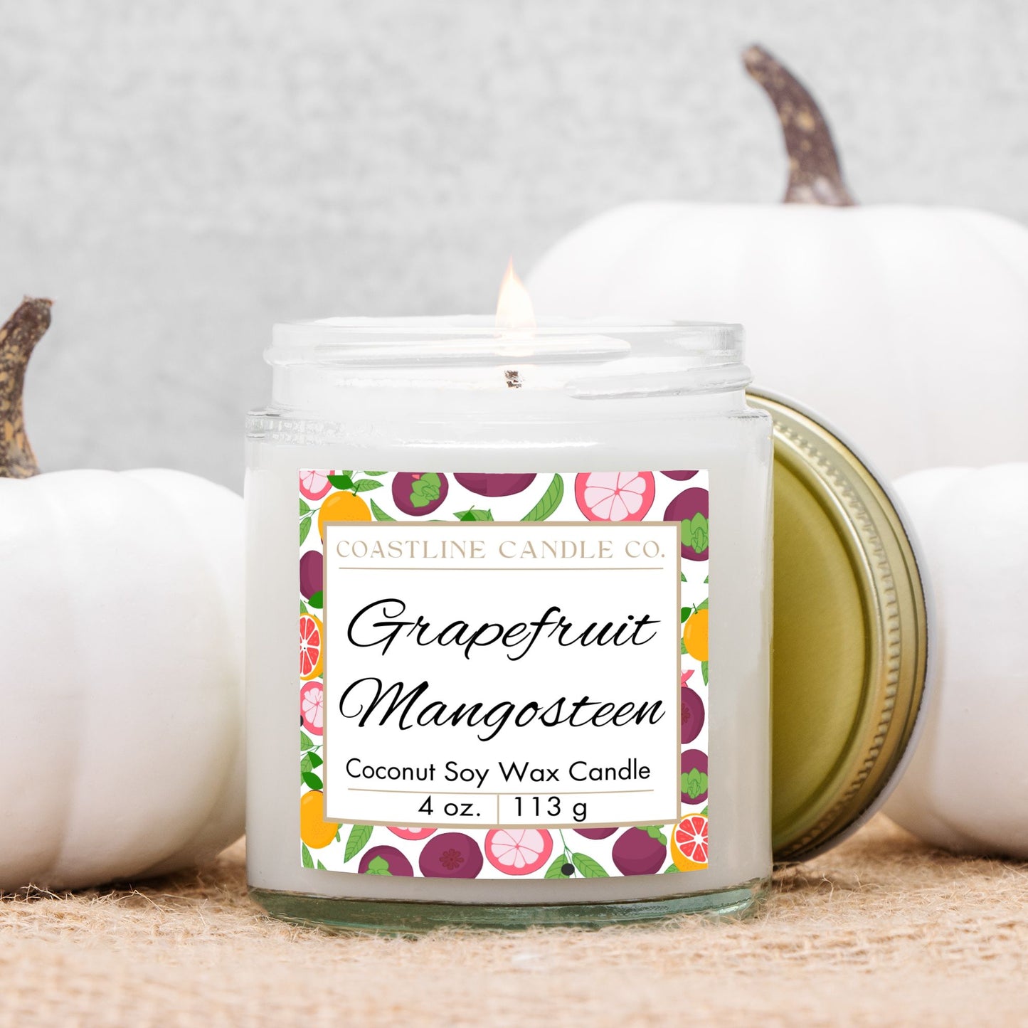 Grapefruit Mangosteen Scented 4 oz. Coconut Soy Wax Candle, Clear Jar with Gold Lid, Cotton Wick