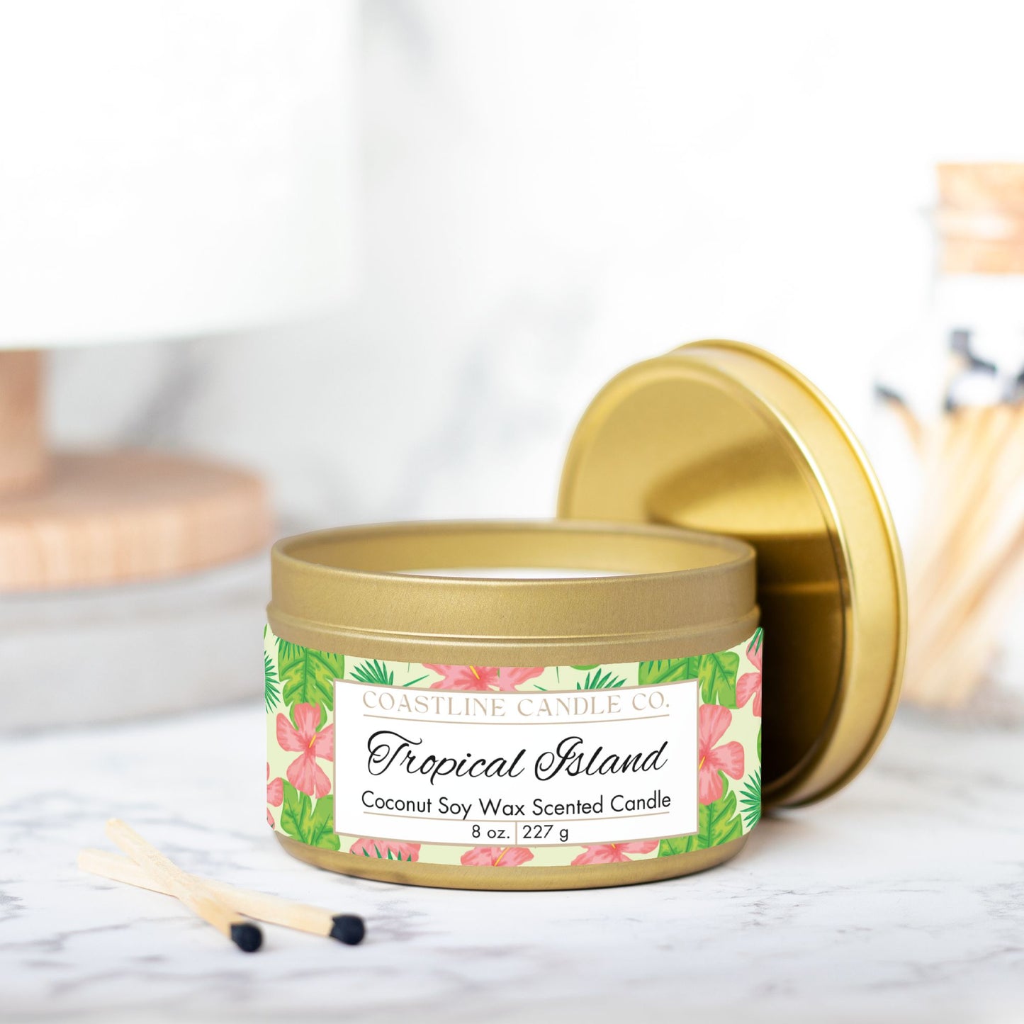 Tropical Island Scented Coconut Soy Wax Candle, 8 oz. Gold Tin Jar with Lid