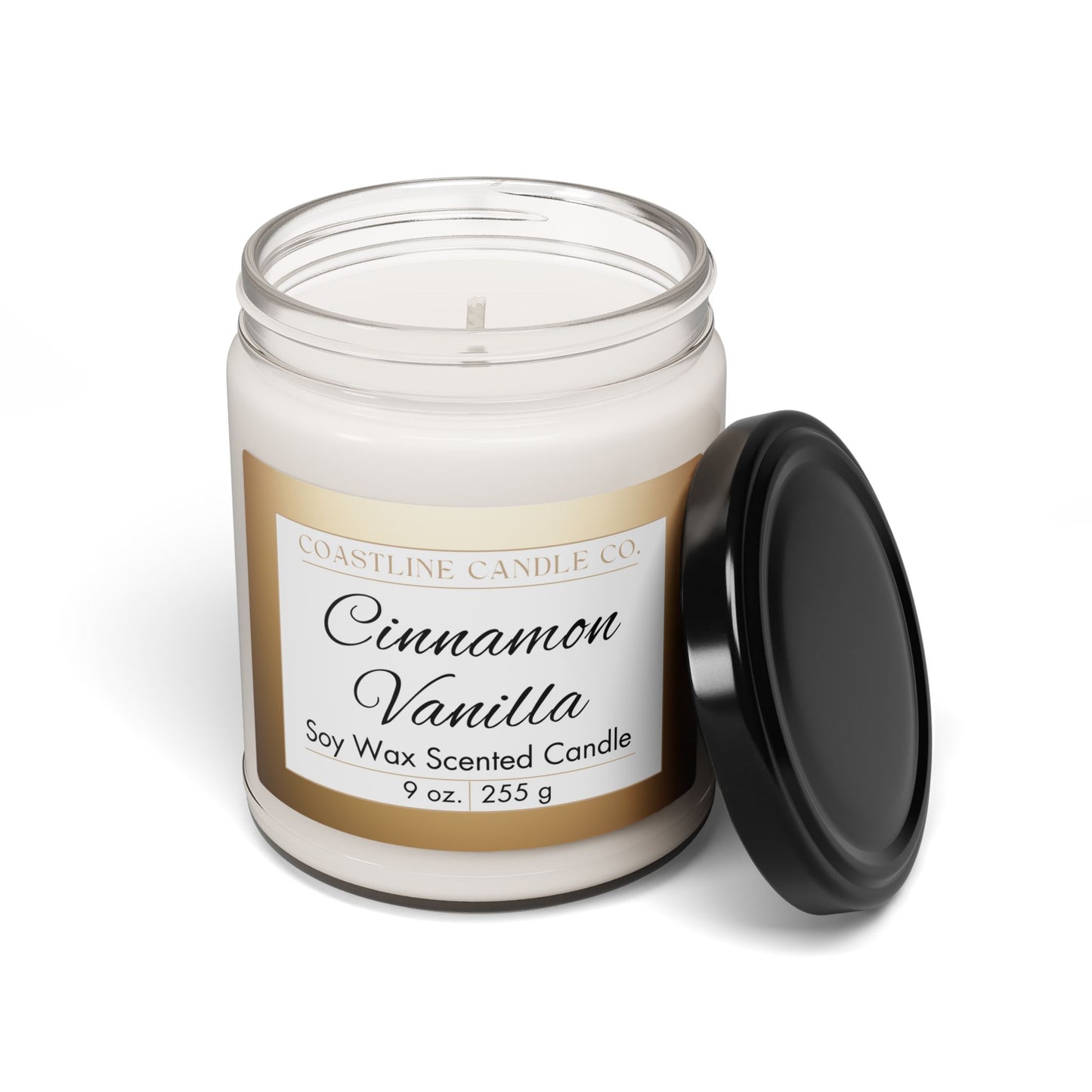 Cinnamon Vanilla Scented Soy Wax Candle, 9oz Clear Jar with Black Lid