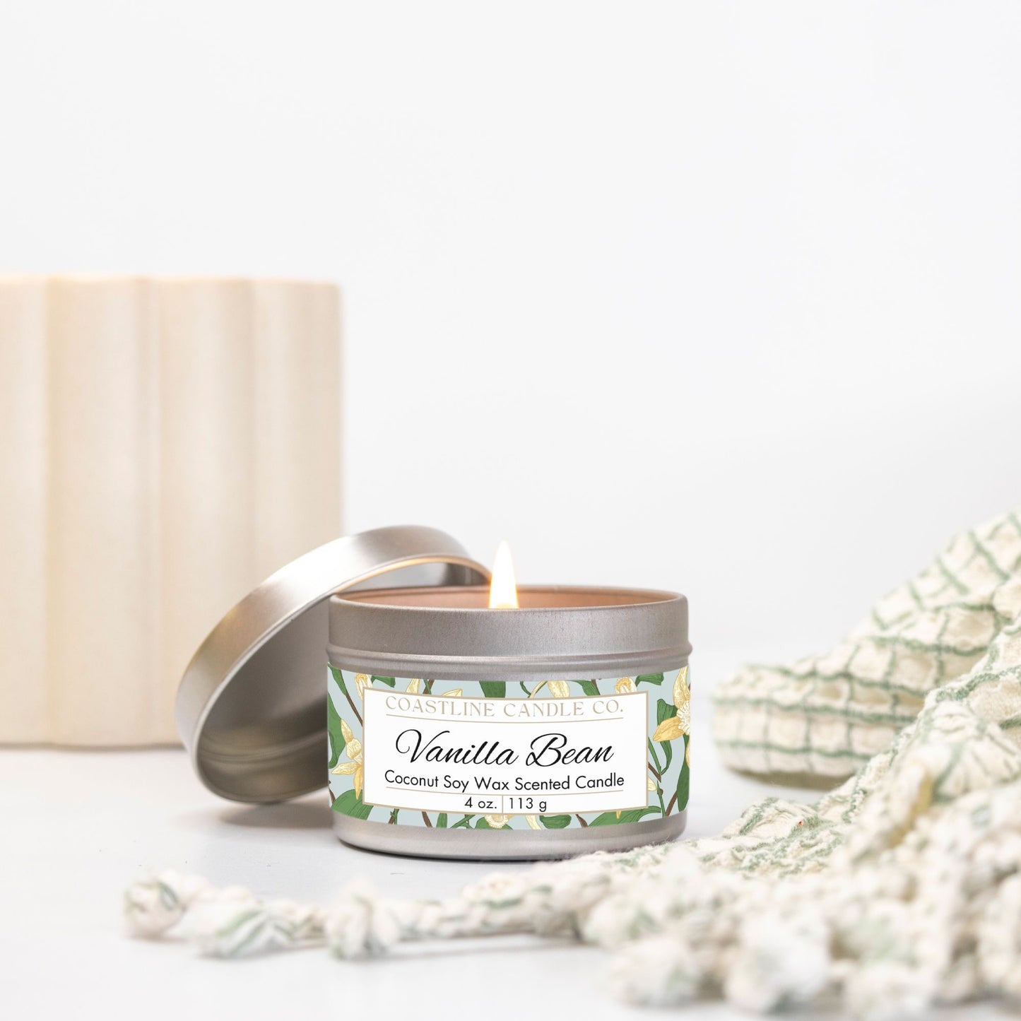 Vanilla Bean Scented Coconut Soy Wax Candle, 4 oz. Silver Tin Jar with Lid