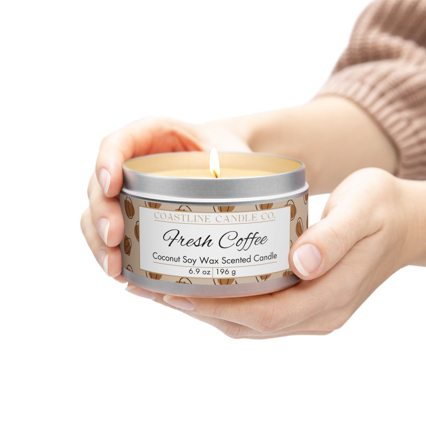 Fresh Coffee Scented Coconut Soy Wax Candle, 8oz. Silver Tin Jar with Lid
