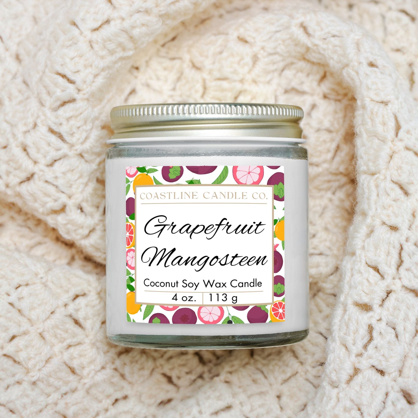 Grapefruit Mangosteen Scented 4 oz. Coconut Soy Wax Candle, Clear Jar with Gold Lid, Cotton Wick