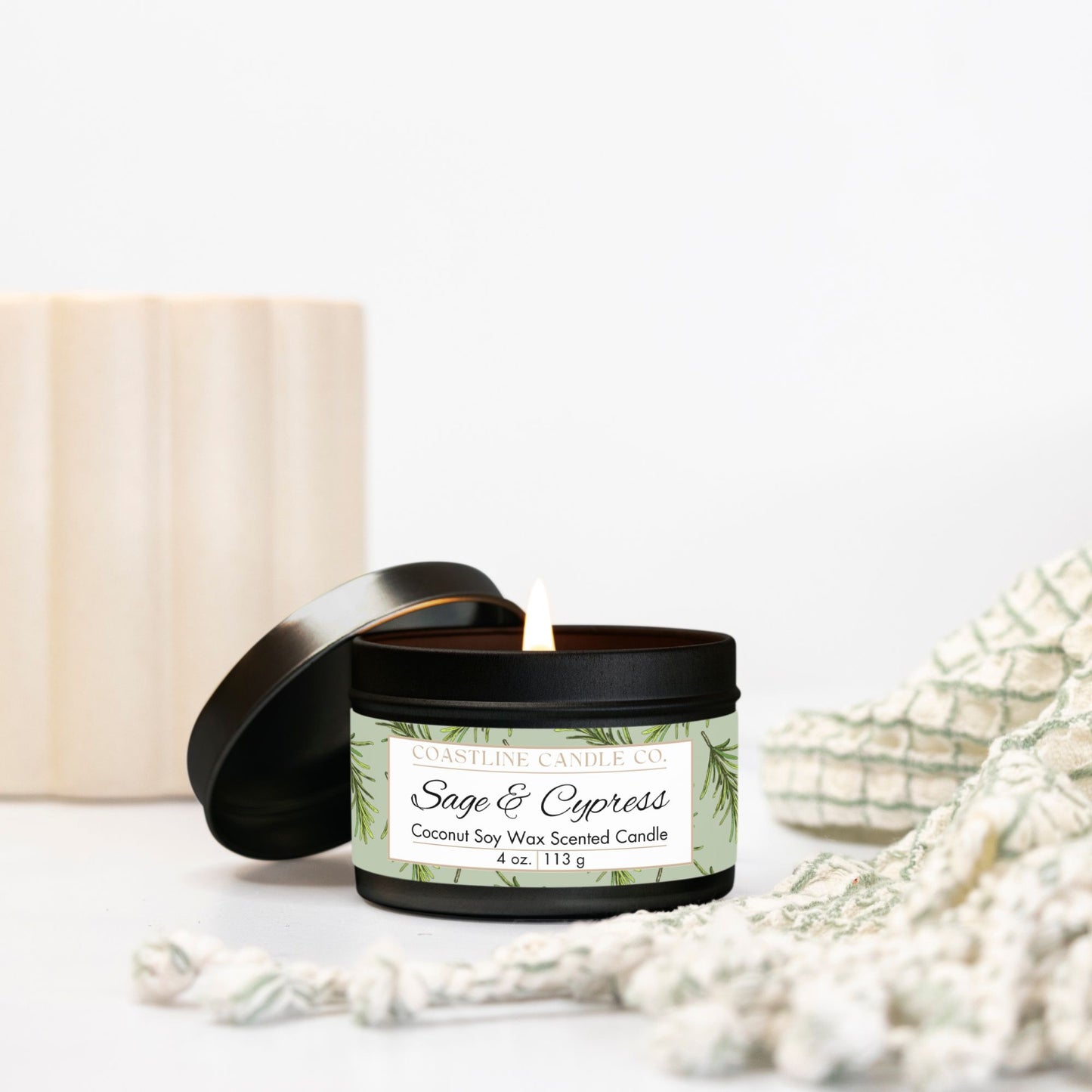 Sage & Cypress Scented Coconut Soy Wax Candle, 4 oz. Black Tin Jar with Lid