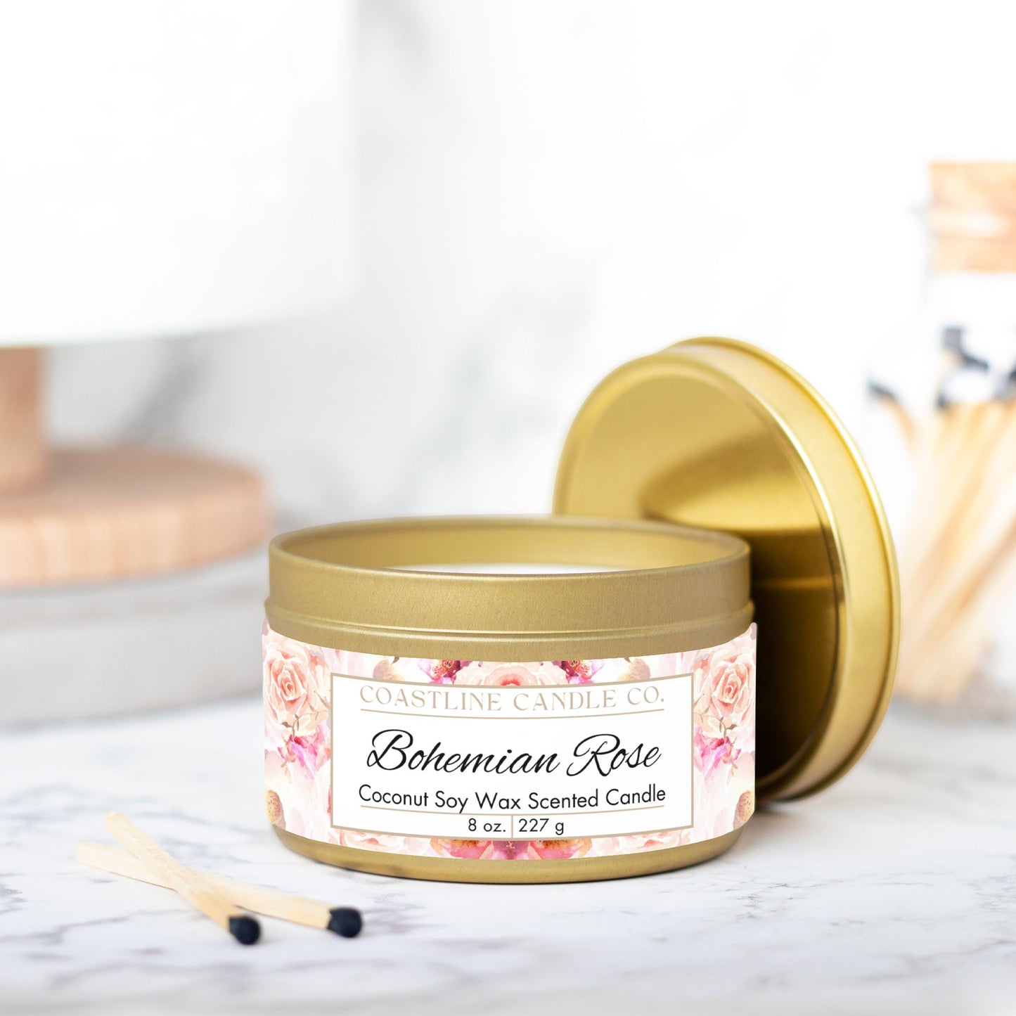 Bohemian Rose Scented Coconut Soy Wax Candle, 8 oz. Gold Tin Jar with Lid