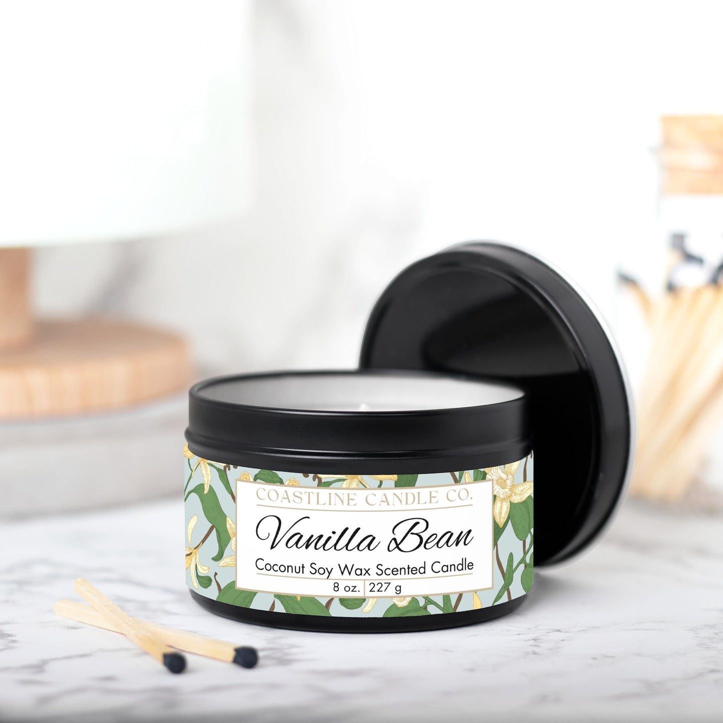 Vanilla Bean Scented Coconut Soy Wax Candle, 8 oz. Black Tin Jar with Lid