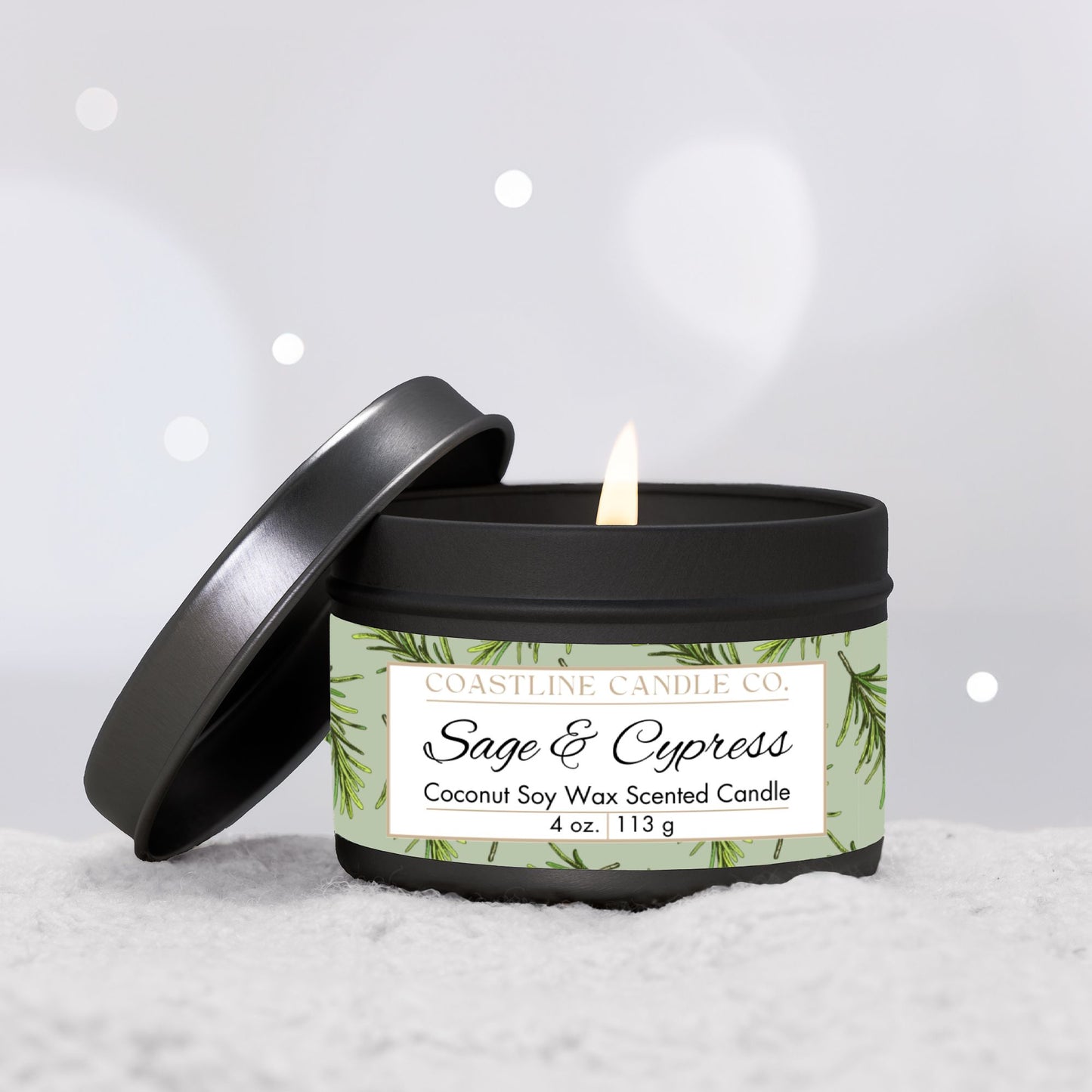 Sage & Cypress Scented Coconut Soy Wax Candle, 4 oz. Black Tin Jar with Lid