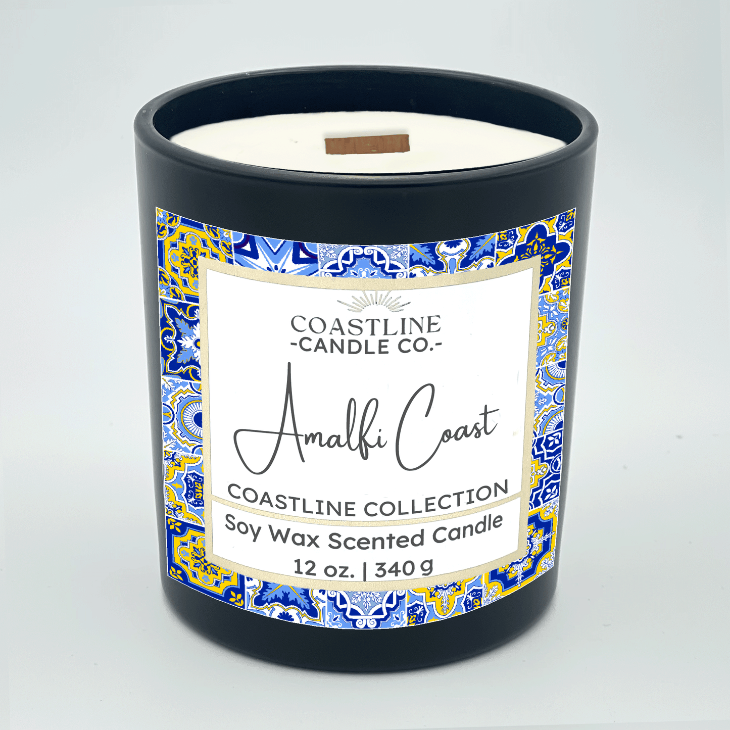 Amalfi Coast Soy Wax Candle - Coastline Collection in 12 oz. Black Jar with wood wick