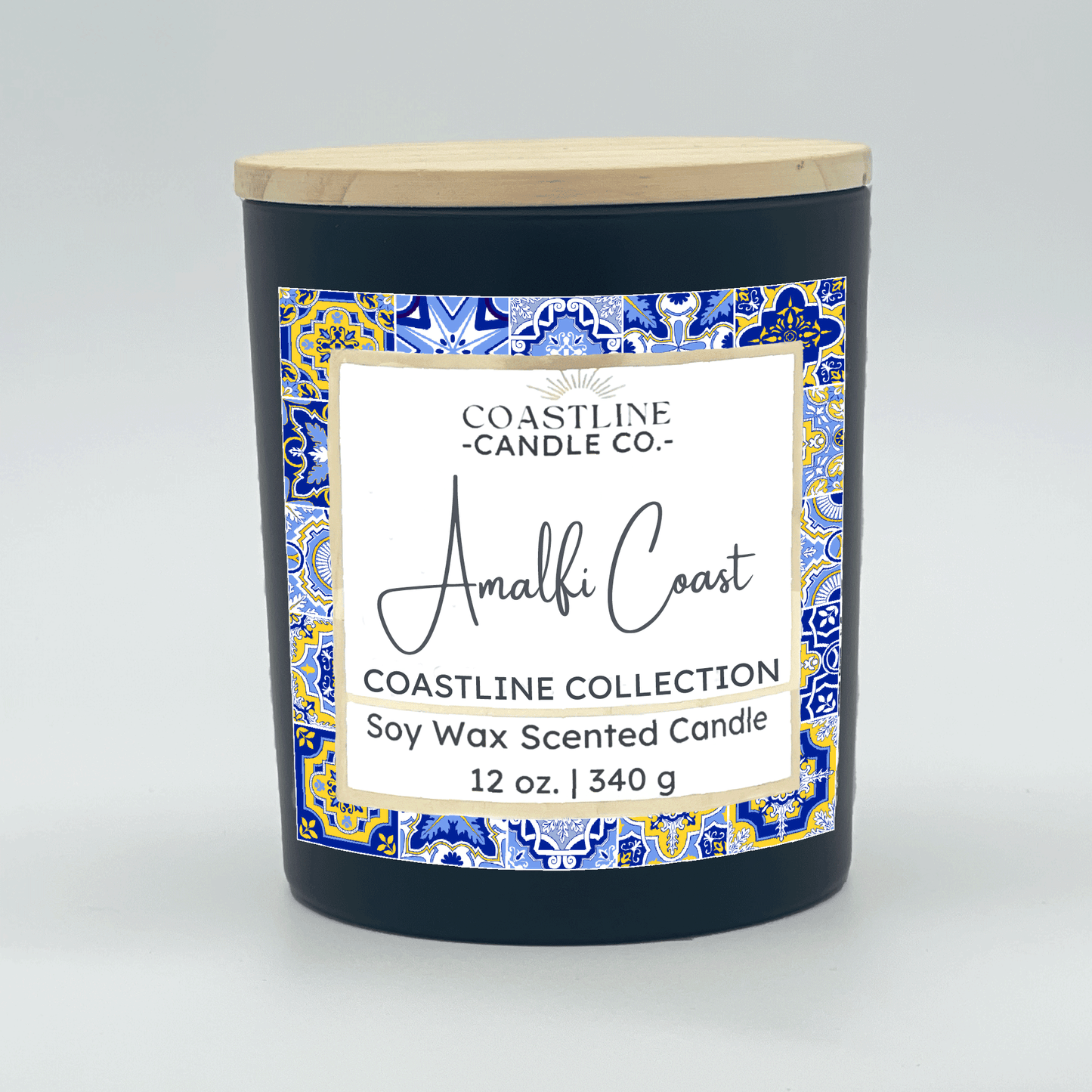 Amalfi Coast Soy Wax Candle - Coastline Collection in 12 oz. Black Jar with wood wick