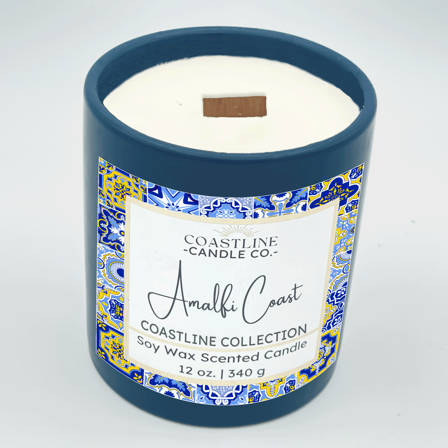 Amalfi Coast Soy Wax Candle - Coastline Collection in 12 oz. Denim Blue Jar with wood wick