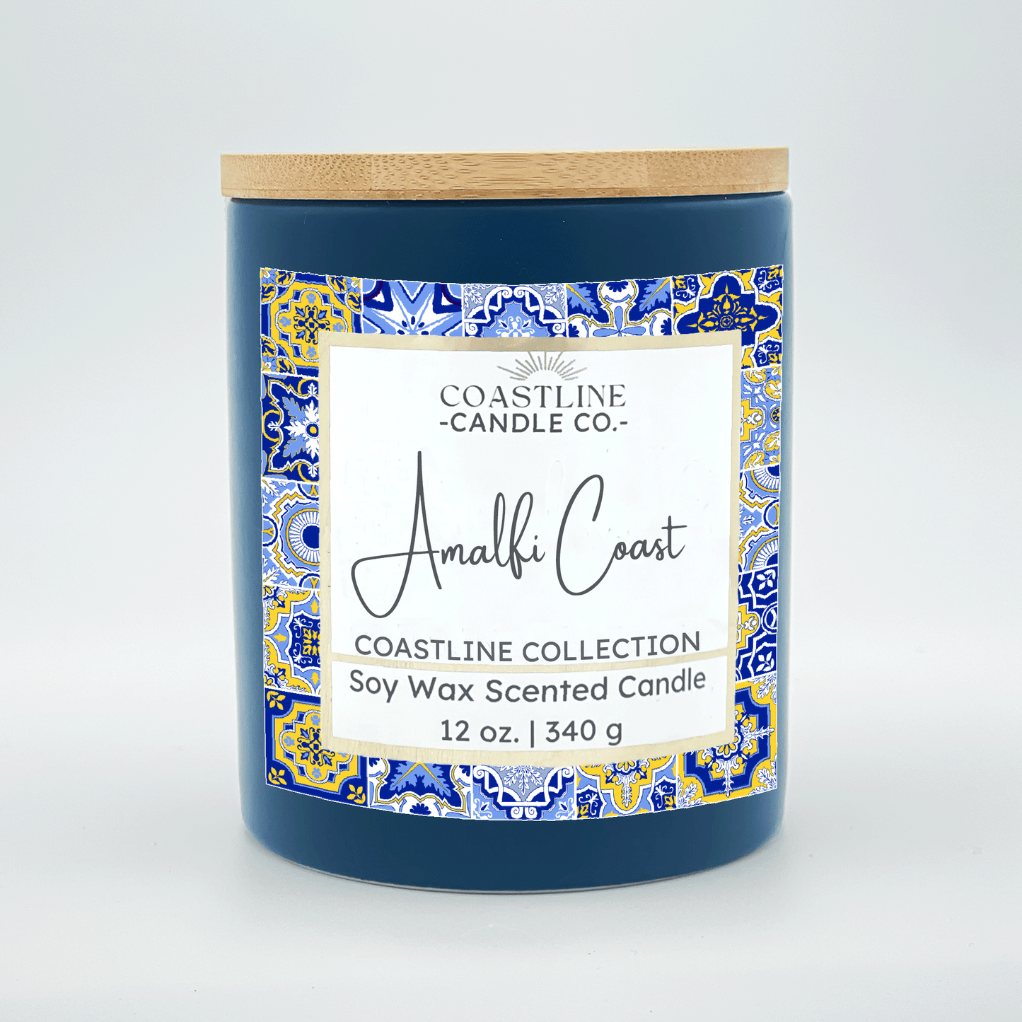 Amalfi Coast Soy Wax Candle - Coastline Collection in 12 oz. Denim Blue Jar with wood wick