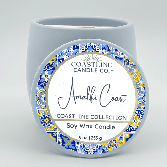 Amalfi Coast Soy Wax Candle - Coastline Collection in 9 oz. Light Blue Concrete Jar with wood wick