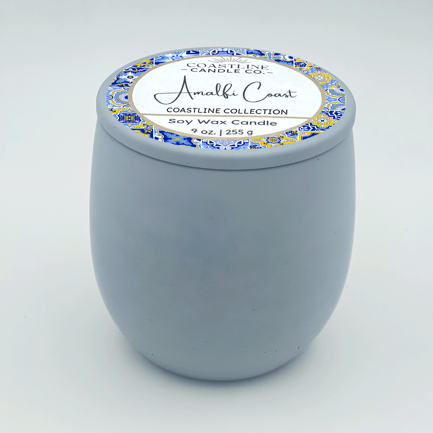 Amalfi Coast Soy Wax Candle - Coastline Collection in 9 oz. Light Blue Concrete Jar with wood wick