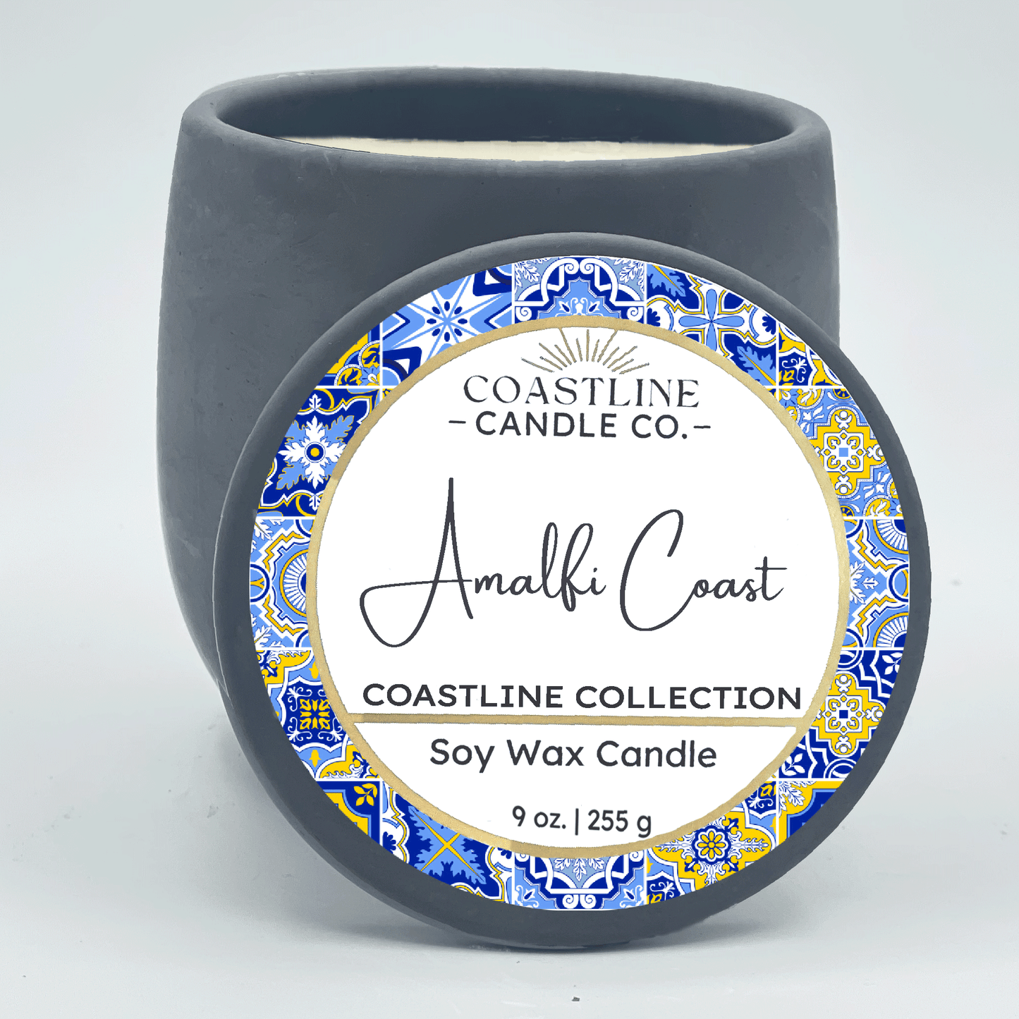 Amalfi Coast Soy Wax Candle - Coastline Collection in 9 oz. Gray Concrete Jar with wood wick