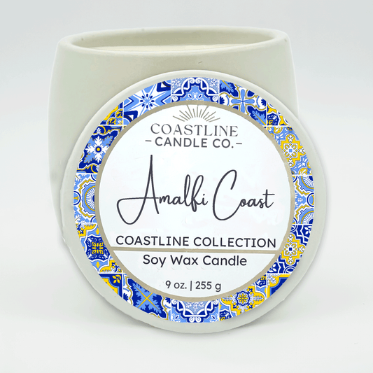 Amalfi Coast Soy Wax Candle - Coastline Collection in 9 oz. White Concrete Jar with wood wick