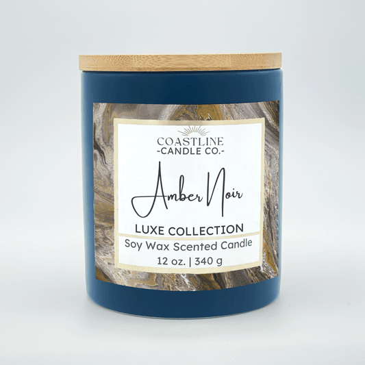 Amber Noir Soy Wax Candle - Luxe Collection in 12 oz. Denim Blue Jar