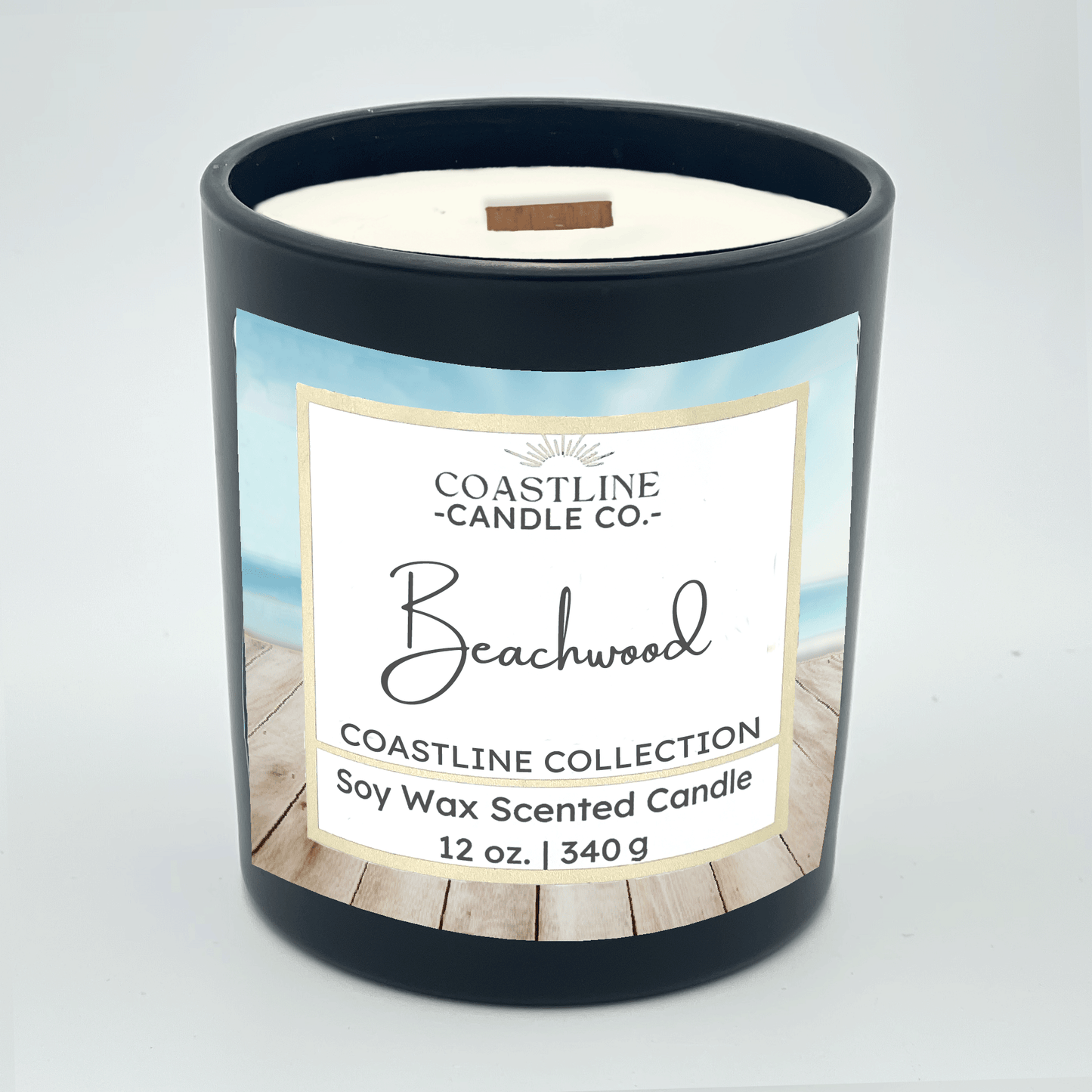 Beachwood Soy Wax Candle - Coastline Collection in 12 oz. Black Jar with wood wick