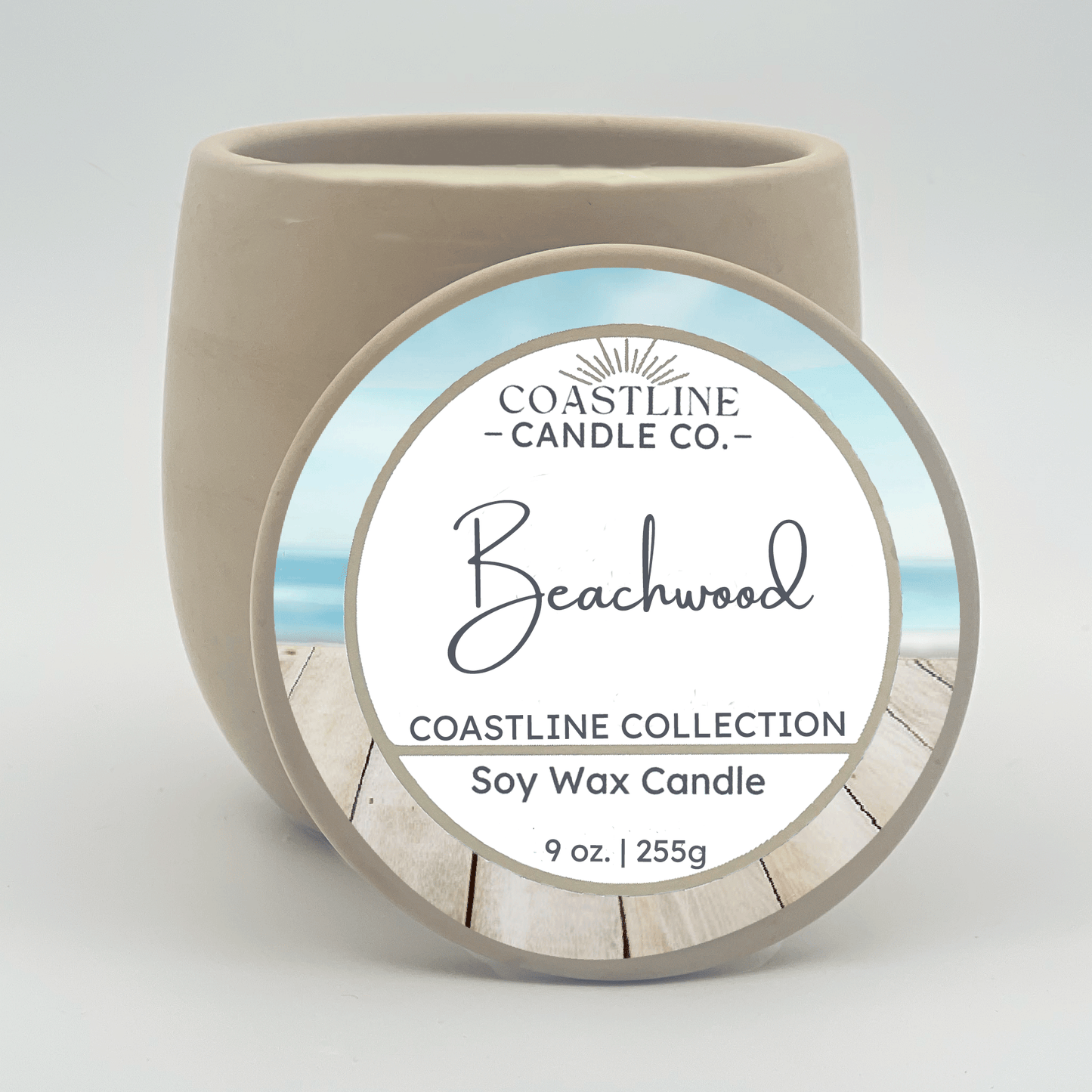 Beachwood Soy Wax Candle - Coastline Collection in 9 oz. Beige Concrete Jar with wood wick