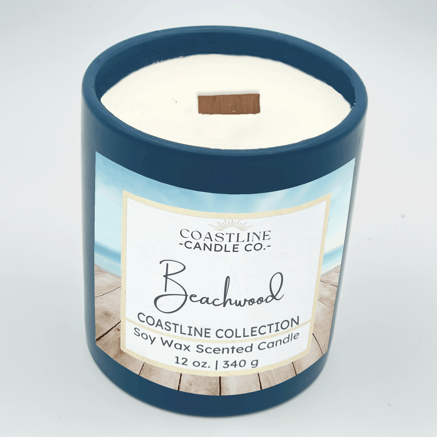 Beachwood Soy Wax Candle - Coastline Collection in 12 oz. Denim Blue Jar with wood wick