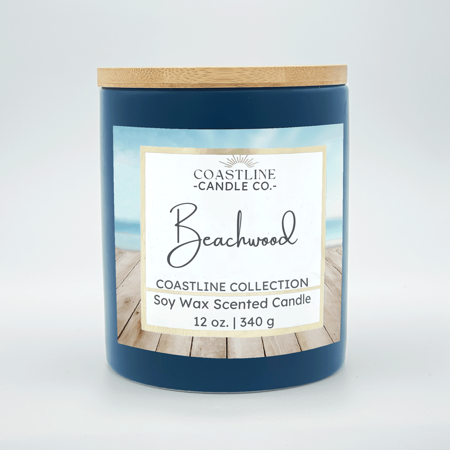 Beachwood Soy Wax Candle - Coastline Collection in 12 oz. Denim Blue Jar with wood wick