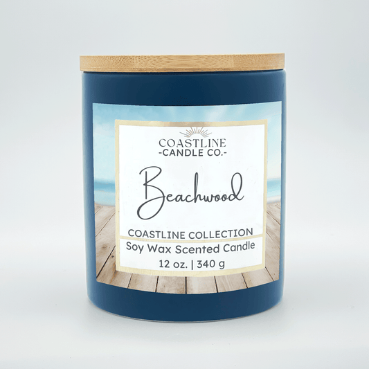 Beachwood Soy Wax Candle - Coastline Collection in 12 oz. Denim Blue Jar with wood wick