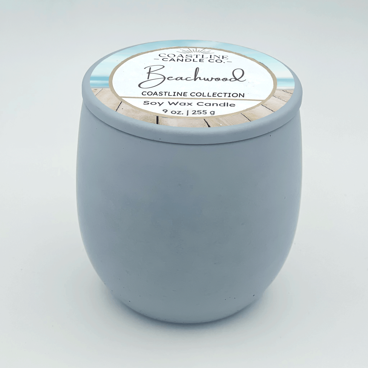 Beachwood Soy Wax Candle - Coastline Collection in 9 oz. Blue Concrete Jar with wood wick