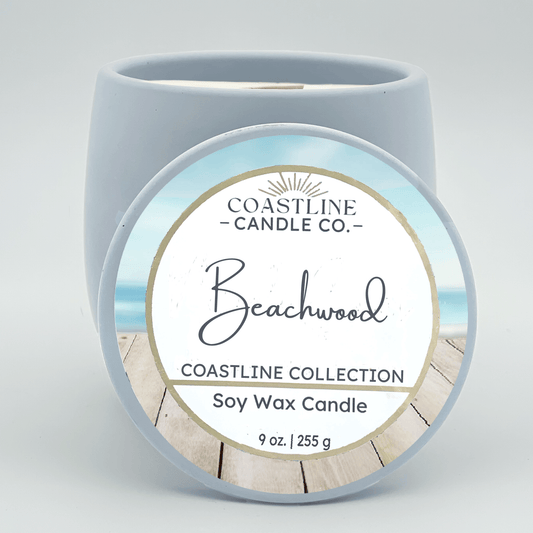 Beachwood Soy Wax Candle - Coastline Collection in 9 oz. Blue Concrete Jar with wood wick