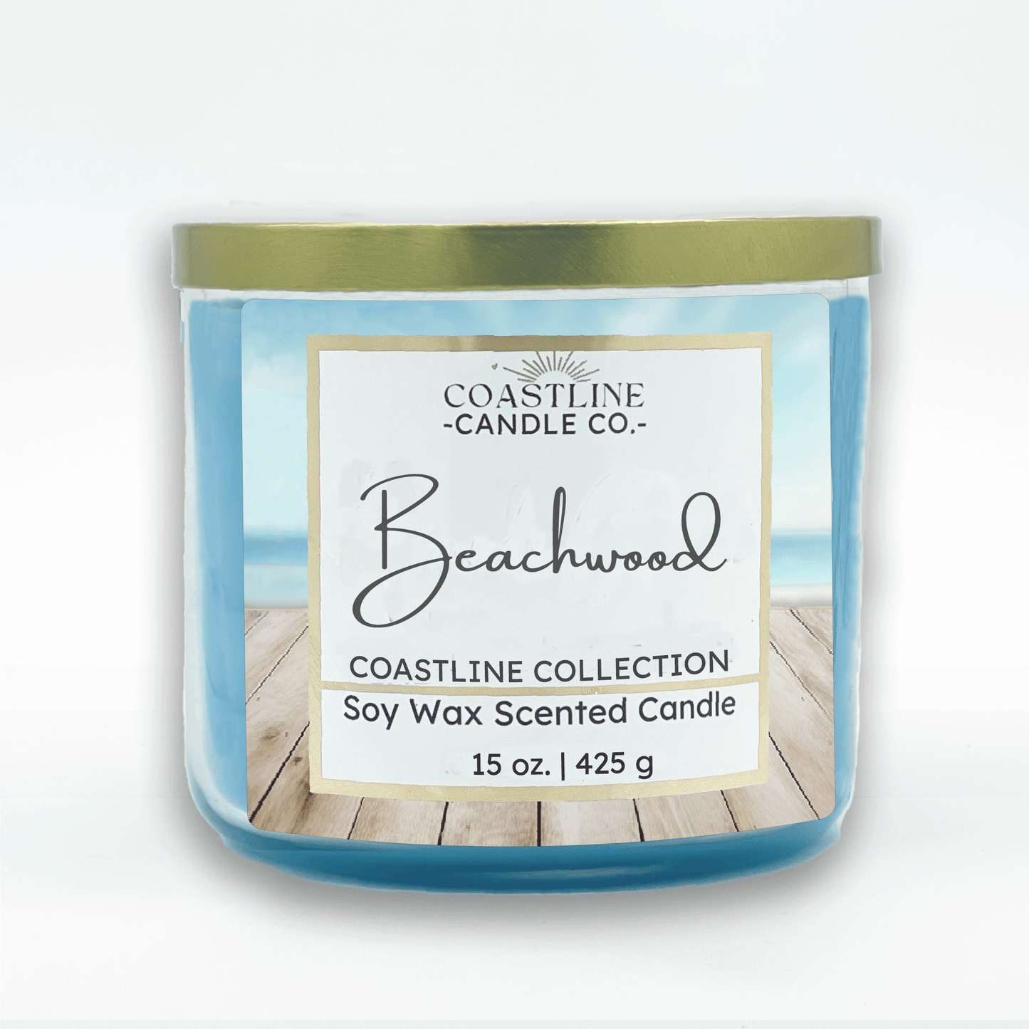 Beachwood Soy Wax Candle - Coastline Collection in 15 oz., 3 wick Clear Jar with blue wax