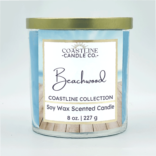 Beachwood Soy Wax Candle - Coastline Collection in 8 oz. in clear jar with blue wax