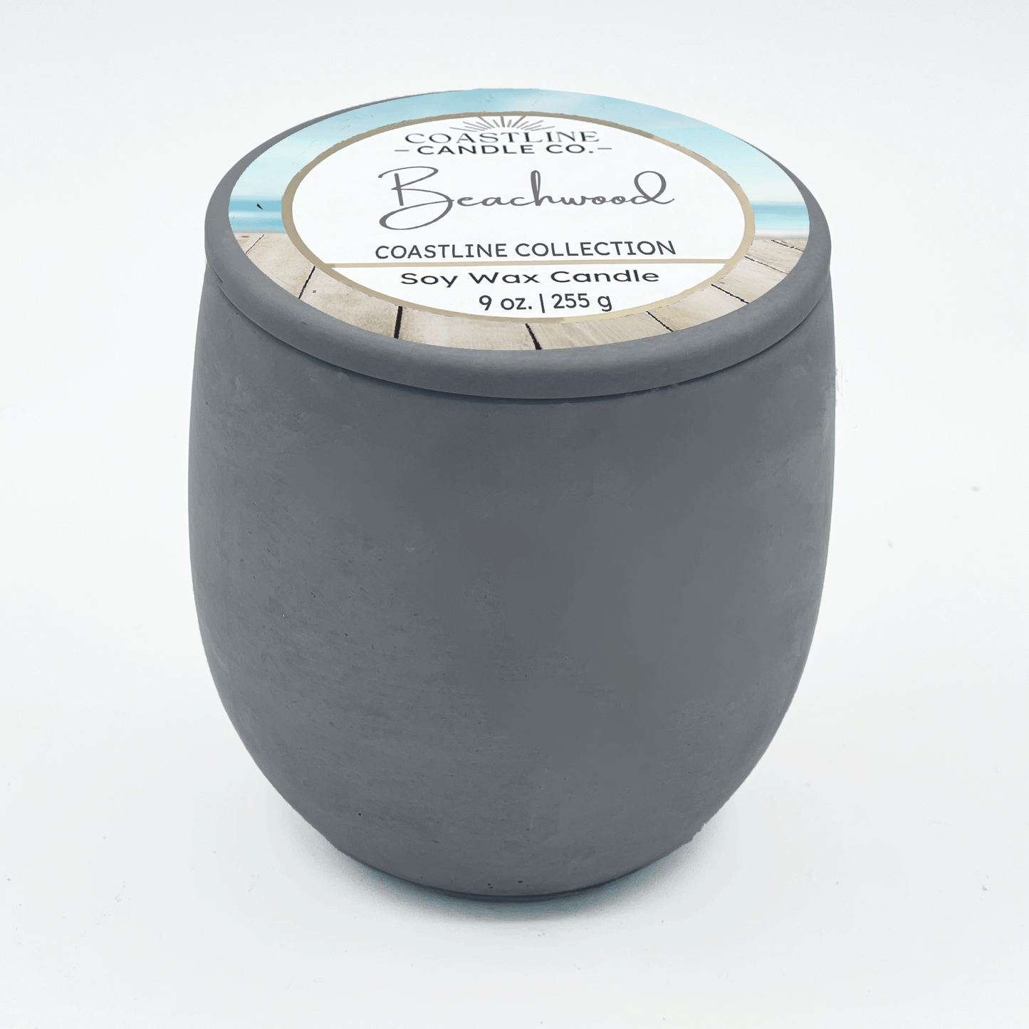 Beachwood Soy Wax Candle - Coastline Collection in 9 oz. Gray Concrete Jar with wood wick