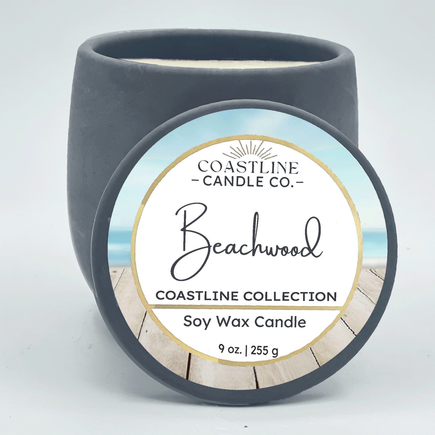 Beachwood Soy Wax Candle - Coastline Collection in 9 oz. Gray Concrete Jar with wood wick