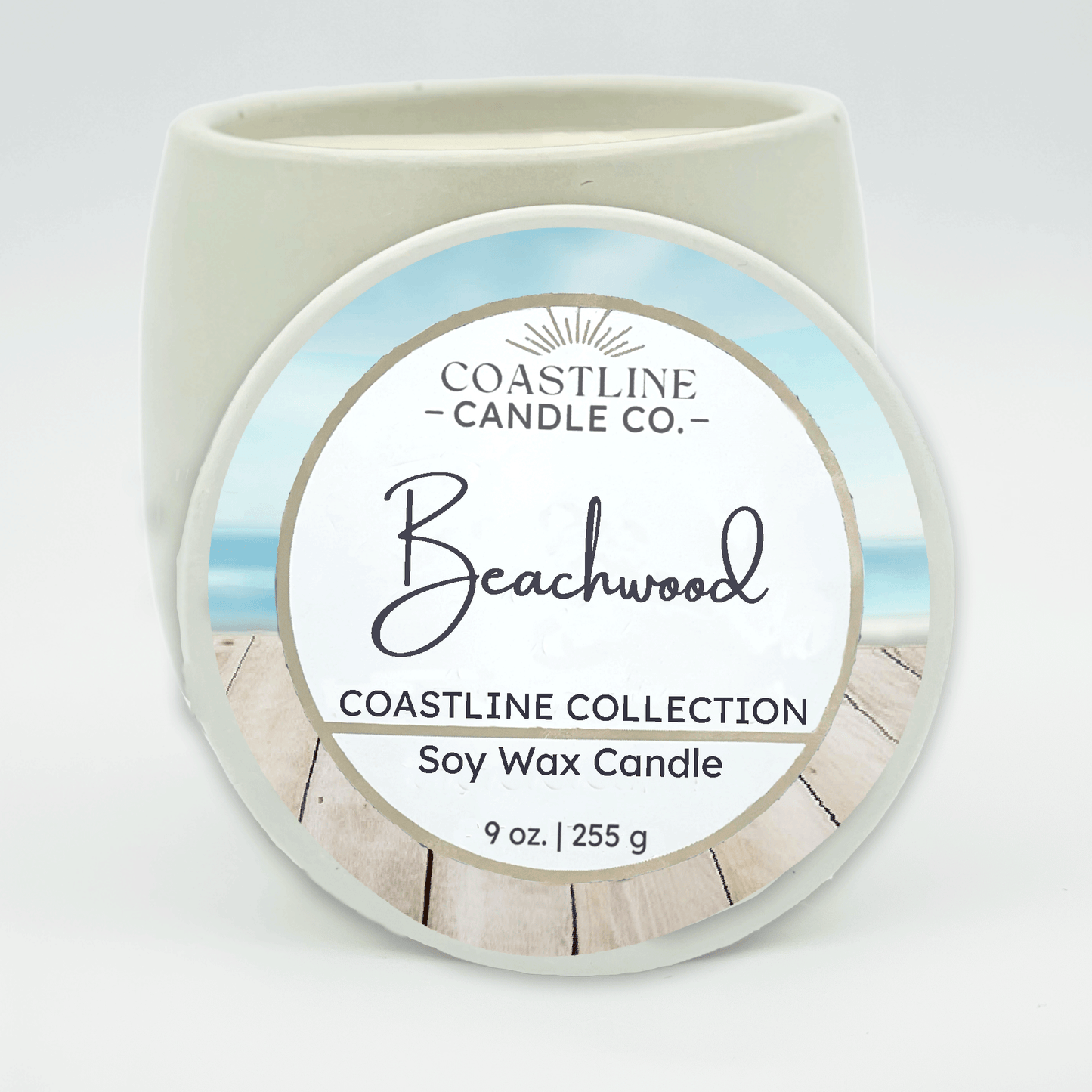 Beachwood Soy Wax Candle - Coastline Collection in 9 oz. White Concrete Jar with wood wick