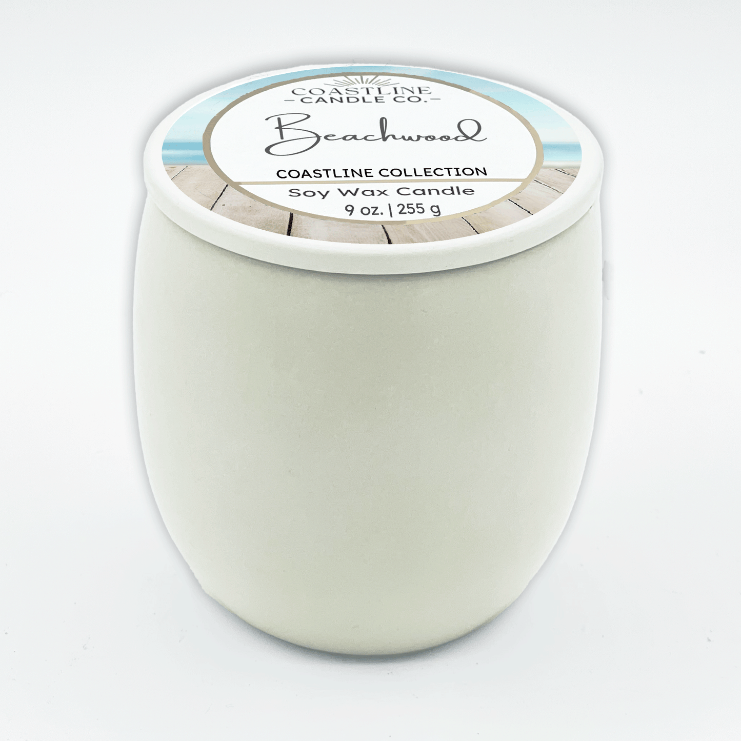 Beachwood Soy Wax Candle - Coastline Collection in 9 oz. White Concrete Jar with wood wick