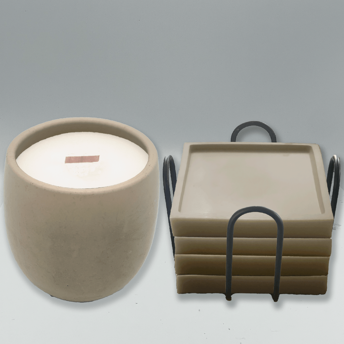 Beige Concrete Candle & Set of 4 Coasters with Holder Gift Set - your choice of scent