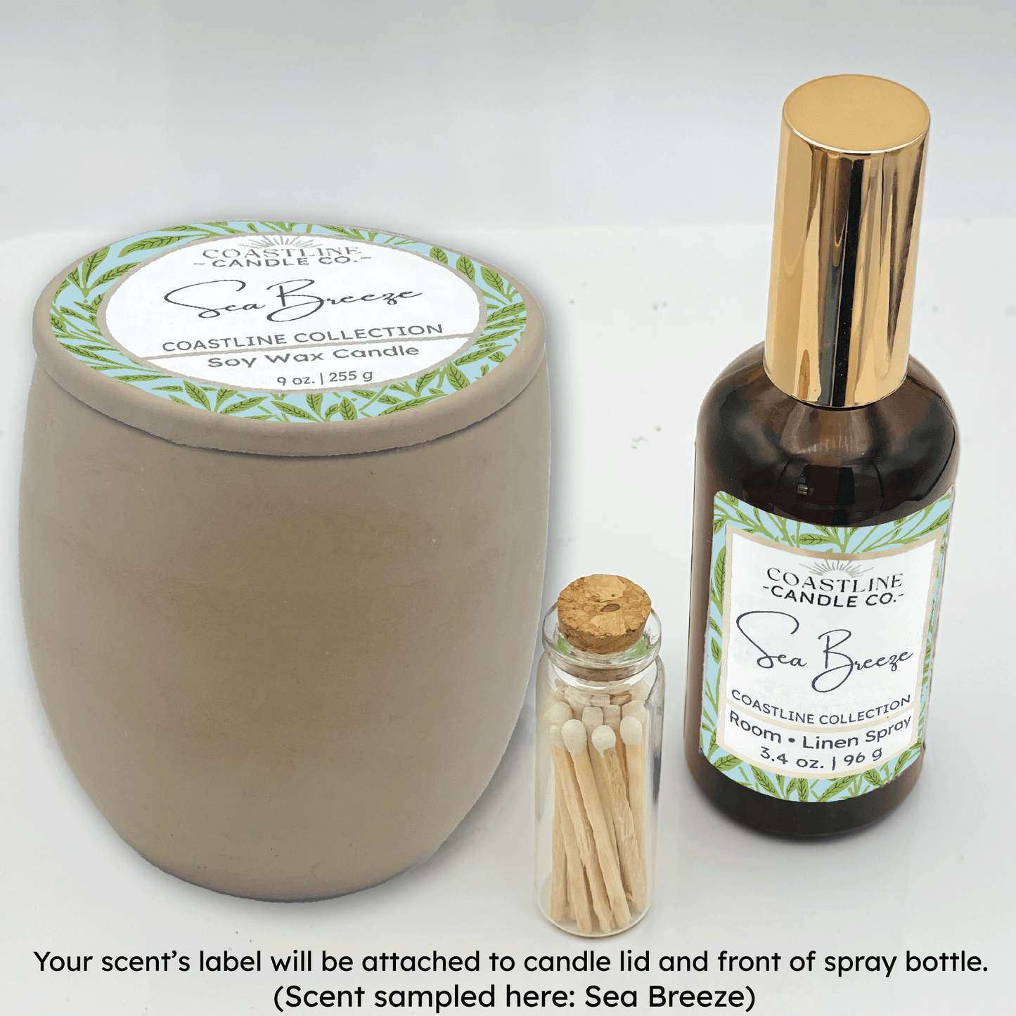 Beige Concrete 9 oz. Candle Jar & Room Spray Gift Set - your choice of scent with match stick bottle