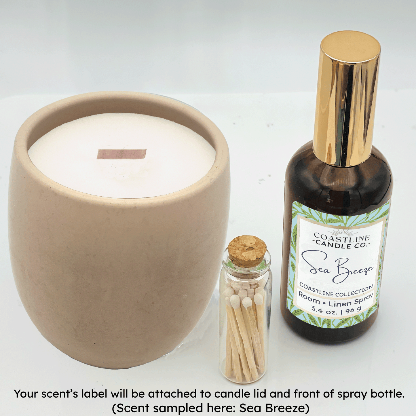 Beige Concrete 9 oz. Candle Jar & Room Spray Gift Set - your choice of scent with match stick bottle