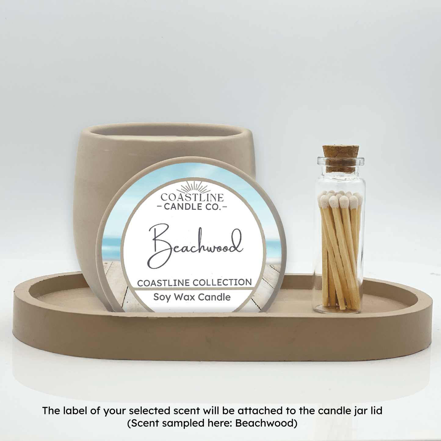 Beige 9 oz. Concrete Candle & Tray Gift Set - your choice of scent with match stick bottle