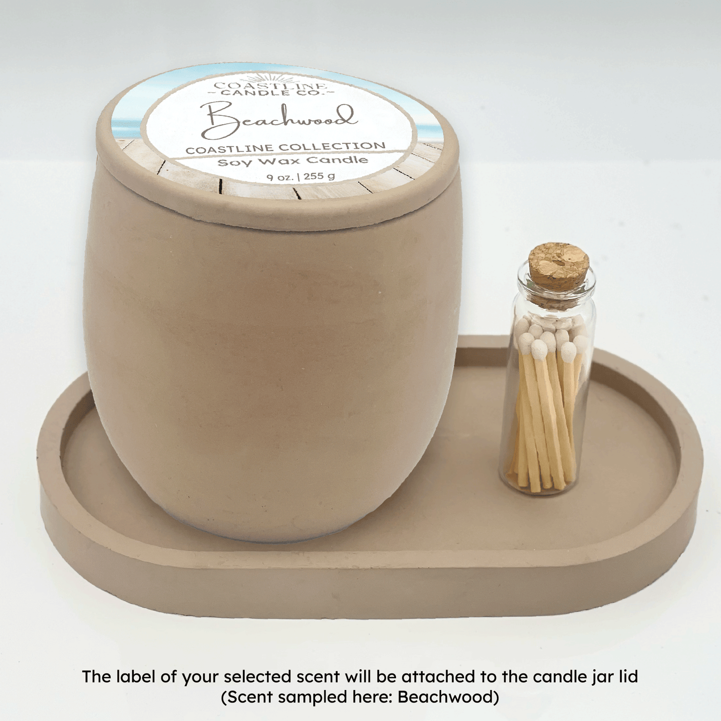 Beige 9 oz. Concrete Candle & Tray Gift Set - your choice of scent with match stick bottle