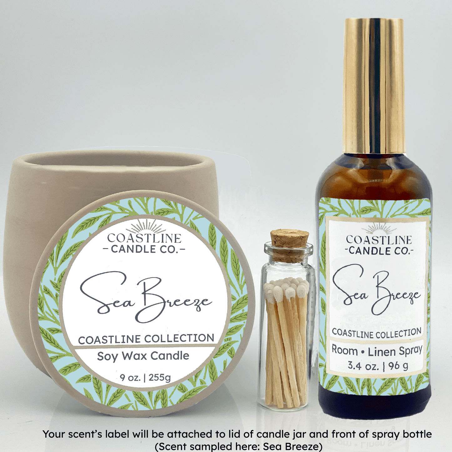 Beige Concrete 9 oz. Candle Jar & Room Spray Gift Set - your choice of scent with match stick bottle