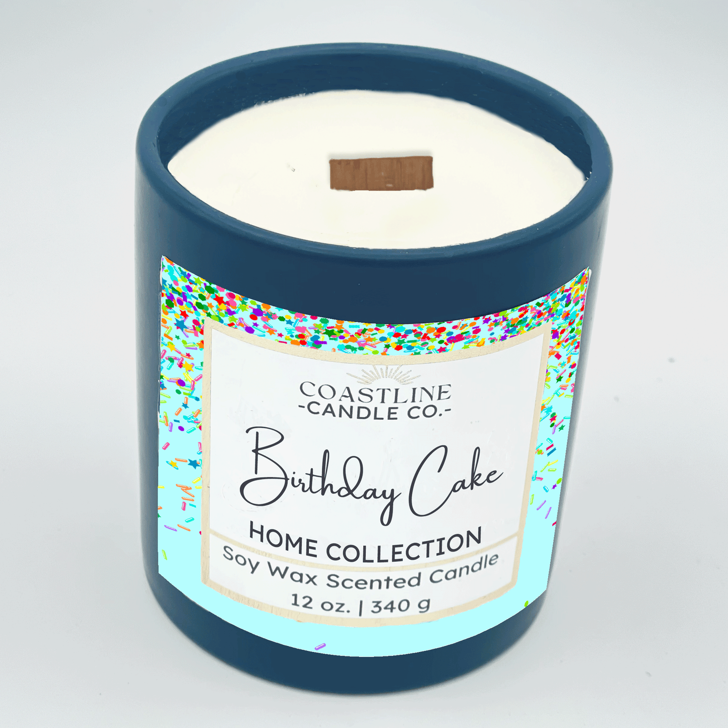 Birthday Cake Soy Wax Candle - Home Collection in 12 oz. Denim Blue Jar with wood wick