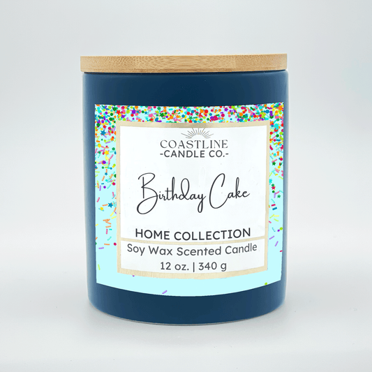 Birthday Cake Soy Wax Candle - Home Collection in 12 oz. Denim Blue Jar with wood wick