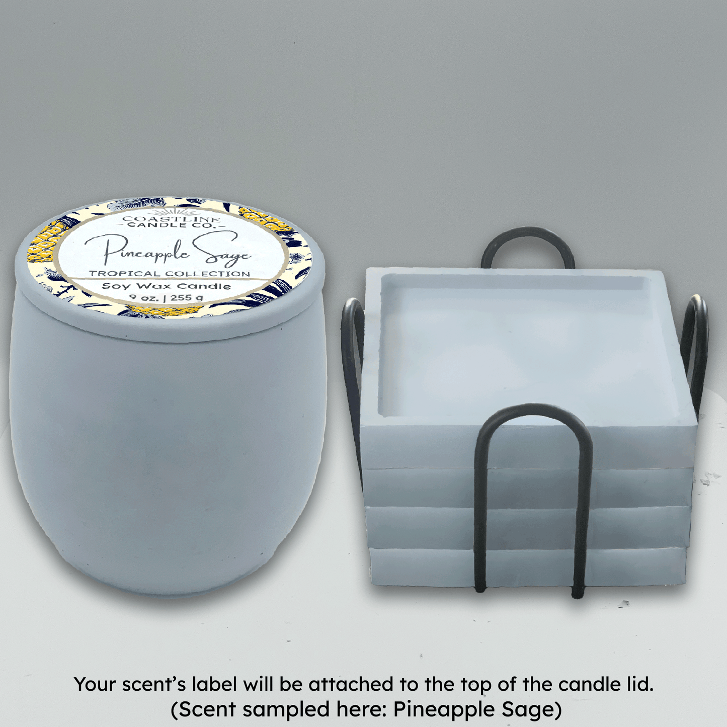 Blue Concrete Candle & Coasters with Holder Gift Set - your choice of scent