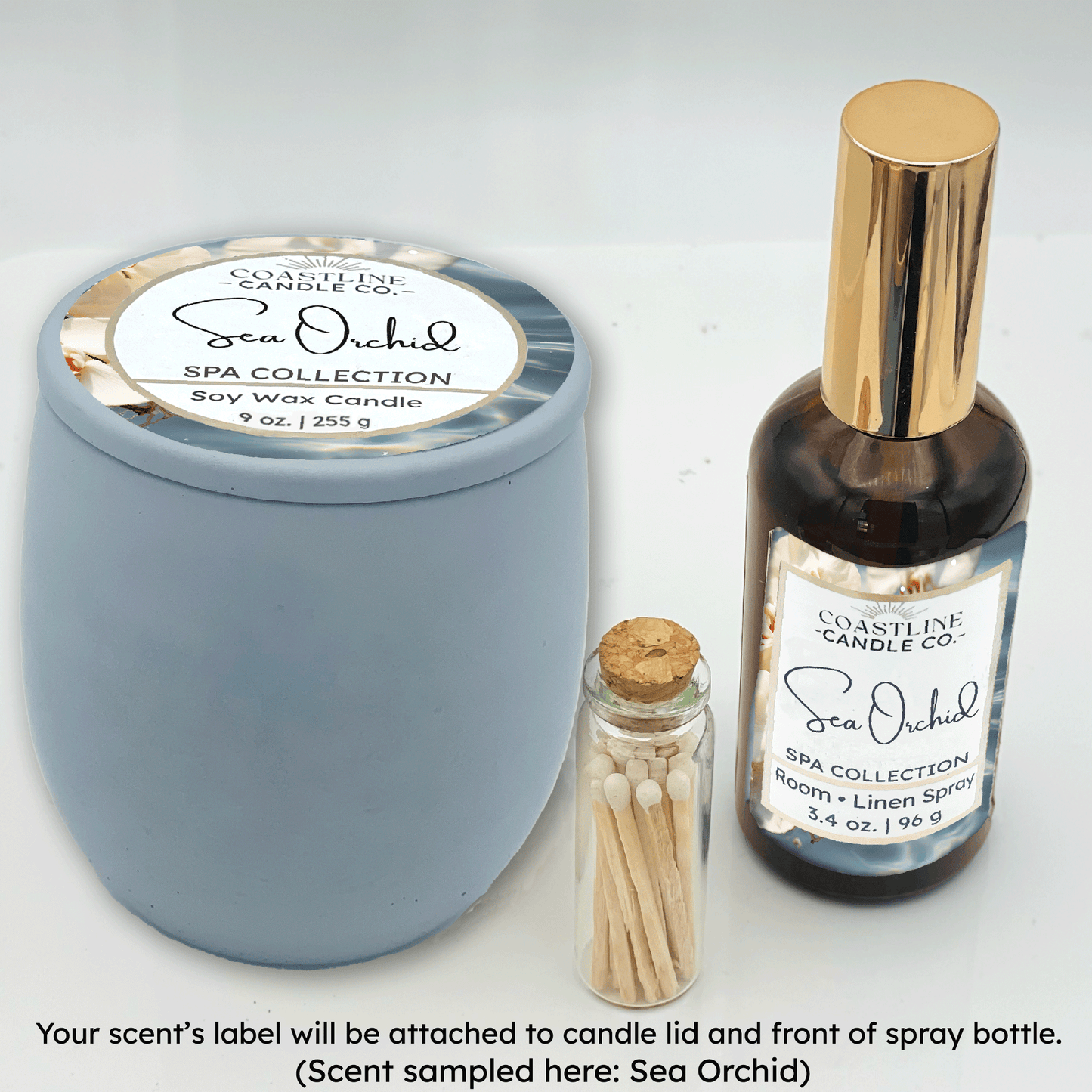 Blue Concrete 9 oz. Candle Jar & Room Spray Gift Set - your choice of scent with match stick bottle