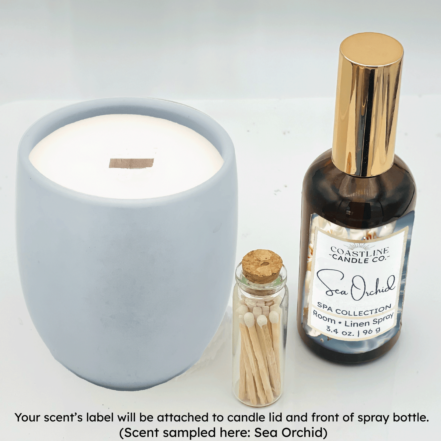 Blue Concrete 9 oz. Candle Jar & Room Spray Gift Set - your choice of scent with match stick bottle