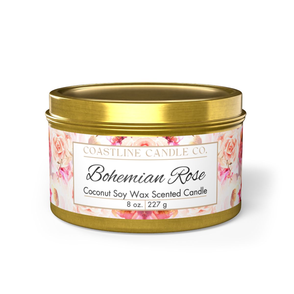 Bohemian Rose Scented Coconut Soy Wax Candle, 8 oz. Gold Tin Jar with Lid