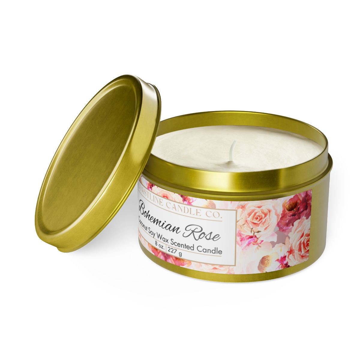 Bohemian Rose Scented Coconut Soy Wax Candle, 8 oz. Gold Tin Jar with Lid