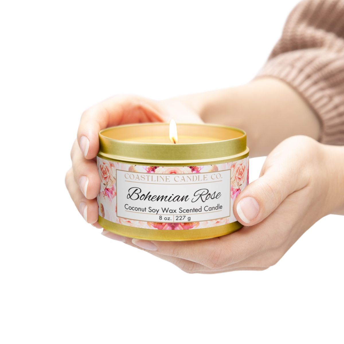 Bohemian Rose Scented Coconut Soy Wax Candle, 8 oz. Gold Tin Jar with Lid