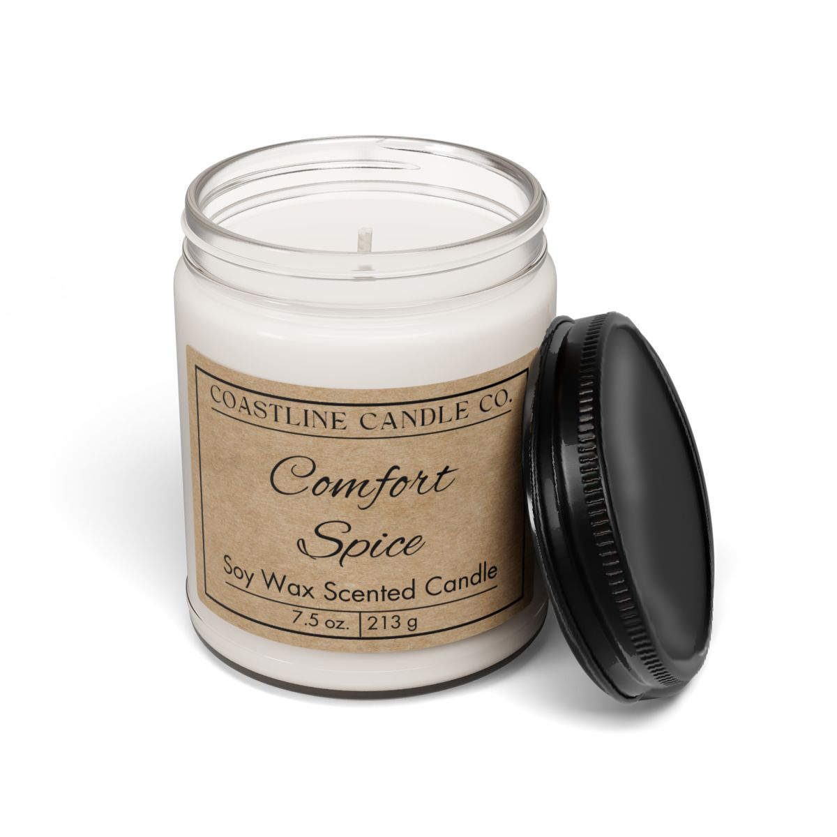 Comfort Spice 7.5 oz. Scented Soy Wax Candle, Clear Jar with Glossy Black Lid - Kraft Label