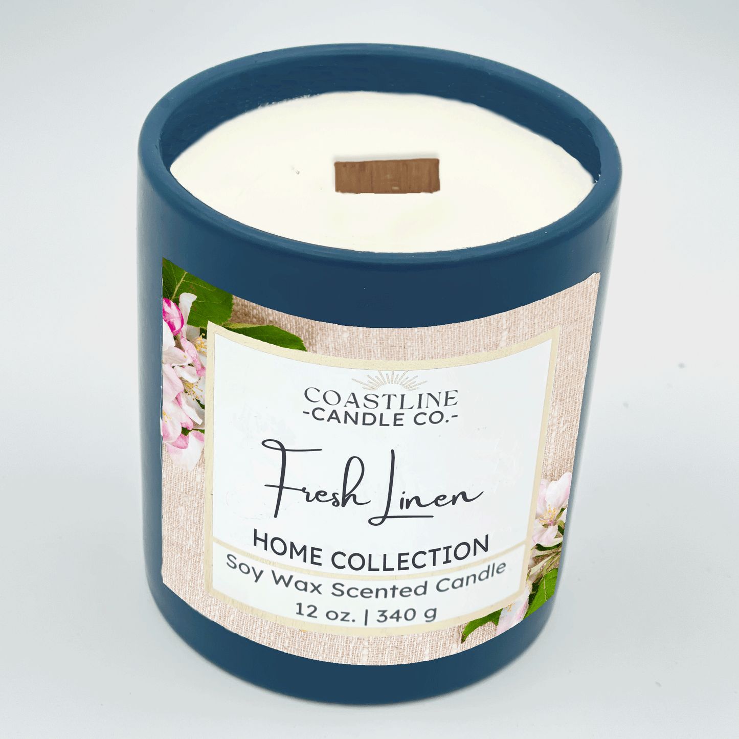 Fresh Linen Soy Wax Candle - Home Collection in 12 oz. Denim Blue Jar