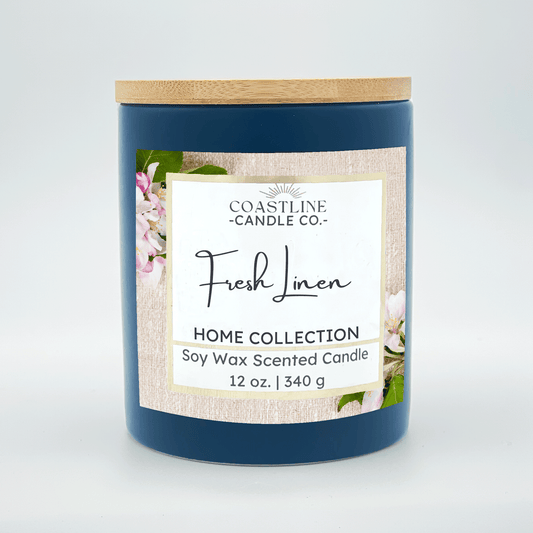 Fresh Linen Soy Wax Candle - Home Collection in 12 oz. Denim Blue Jar